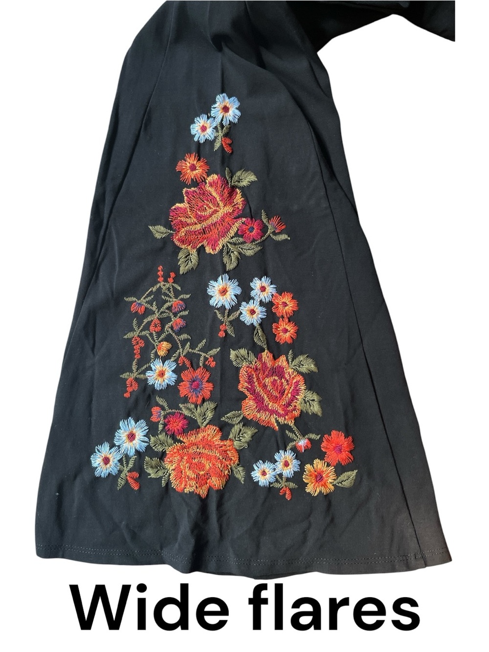 T-Party Floral Embroidered Bell-Bottom Black Stretch Yoga Pants - NWT - Picture 4 of 5